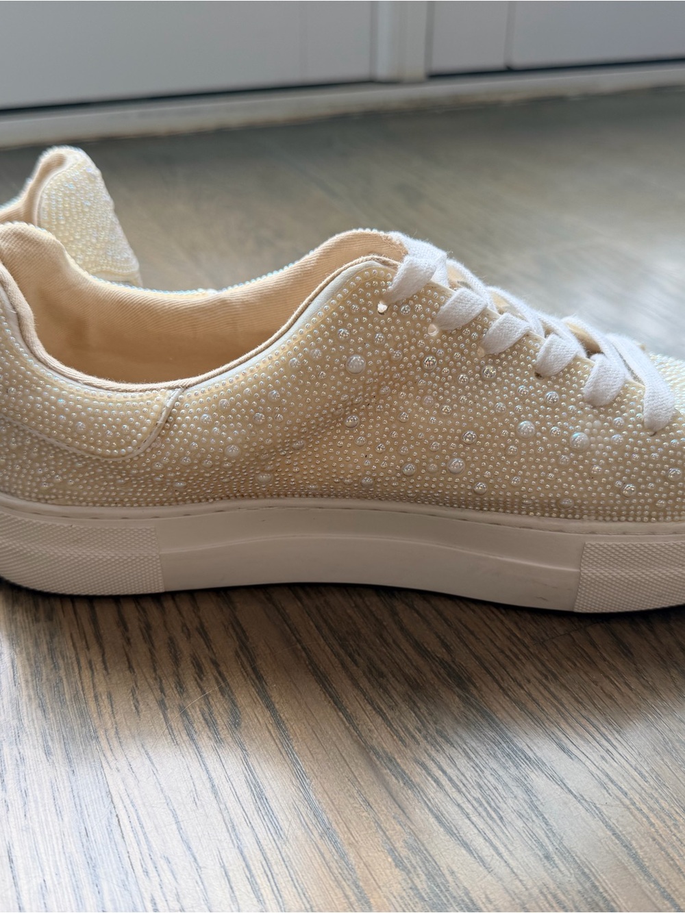 Betsy Kohnson Embellished white/ Cream Women's Lace-Up Sneakers with pearls - Picture 3 of 10
